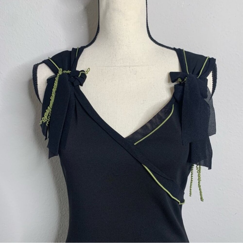 NWT Maxi Studio Black With Green Piping & Shoulder Bow Asymmetrical Midi Dress - Picture 6 of 14